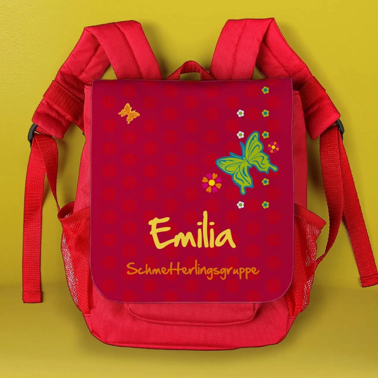 persönlicher Kinderrucksack in rot mit Schmetterlingen und Blüten