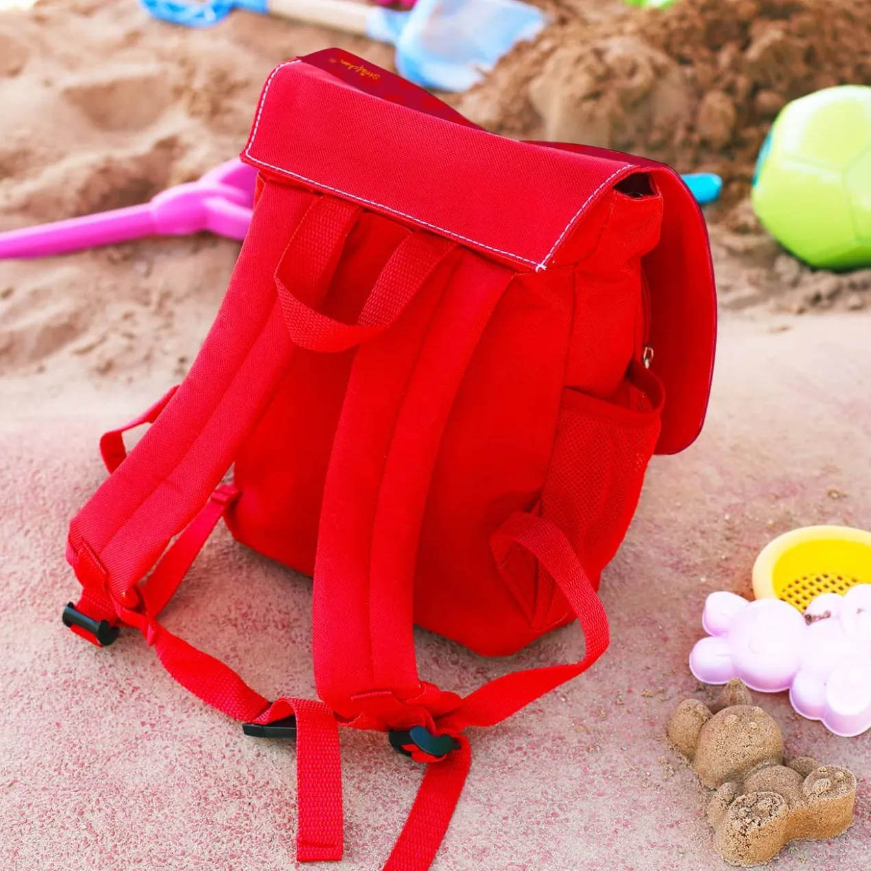 persönlicher Kinderrucksack in rot mit Schmetterlingen und Blüten