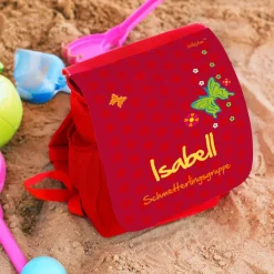 persönlicher Kinderrucksack in rot mit Schmetterlingen und Blüten