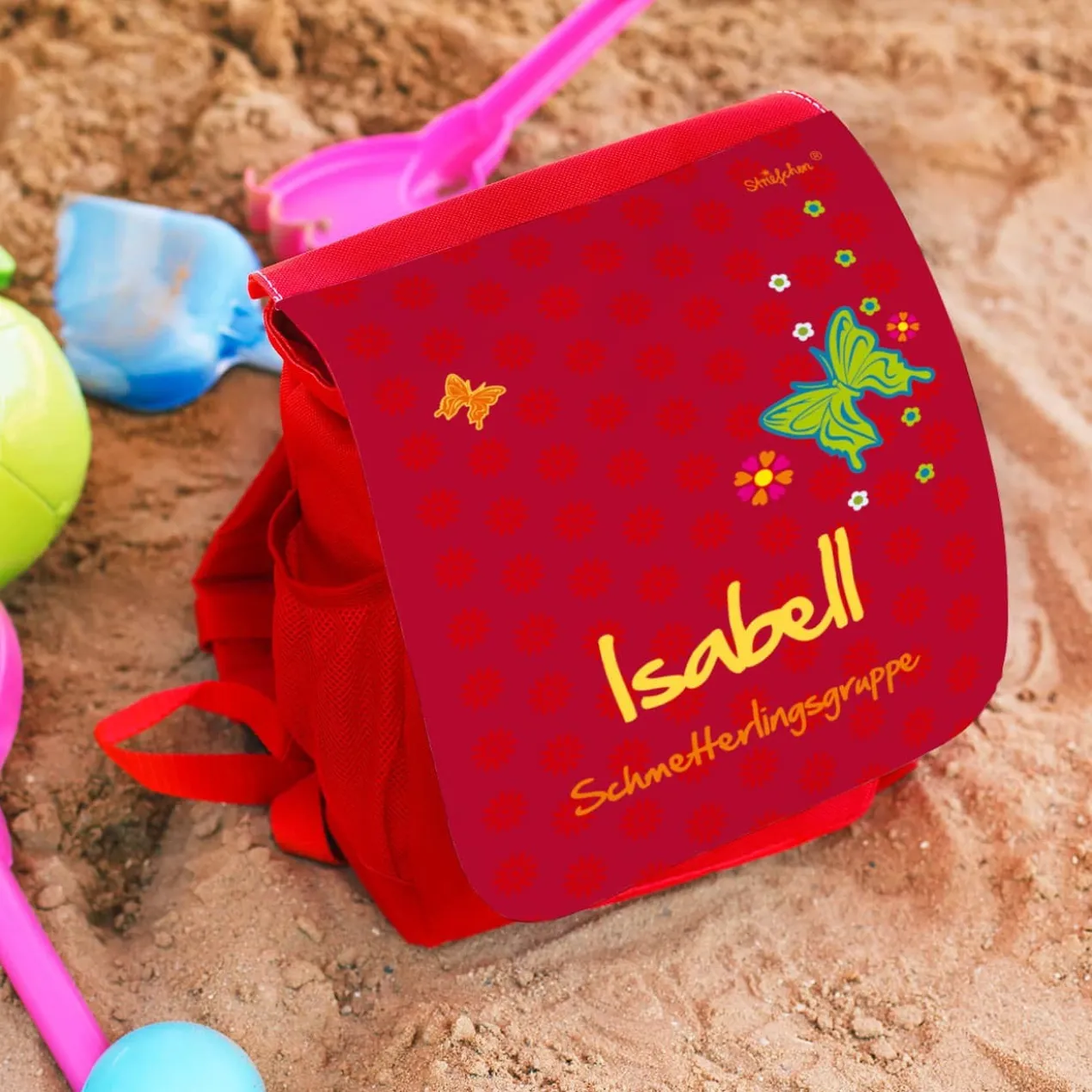 persönlicher Kinderrucksack in rot mit Schmetterlingen und Blüten