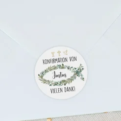 Personalisierbare Aufkleber zur Taufe, Kommunion & Konfirmation | Rund | Eukalyptus Ichthys