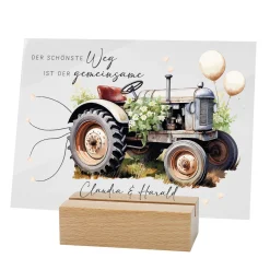 Personalisierbares Acrylschild mit Retrotraktor und Blumenmotiv zur Hochzeit