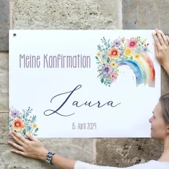 Personalisierbares Banner zur Taufe, Kommunion o. Konfirmation 70x50cm | Blumen-Regenbogen