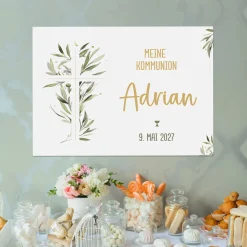 Personalisierbares Banner zur Taufe, Kommunion o. Konfirmation 70x50cm | Kreuz mit Ölzweig