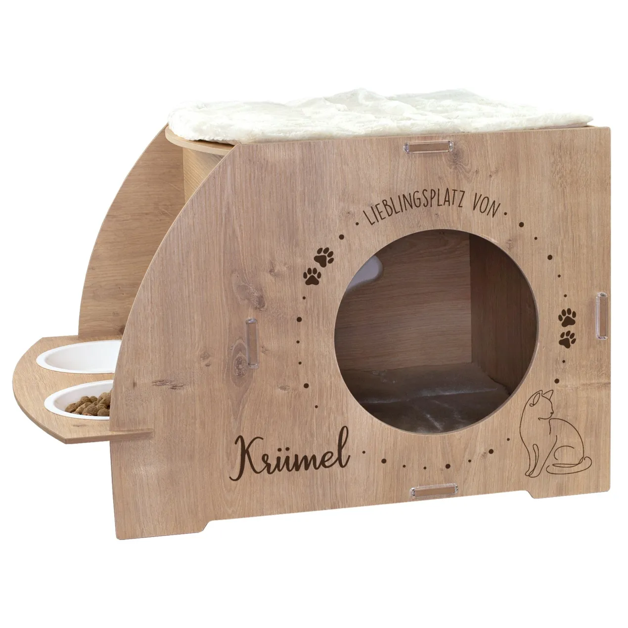 Personalisierbares clipfritz Katzenhaus mit Futterstation | Holz Haus mit Name für Katzen