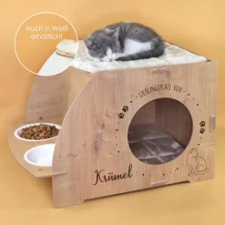 Personalisierbares clipfritz Katzenhaus mit Futterstation | Holz Haus mit Name für Katzen