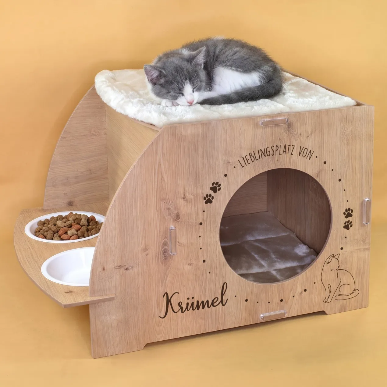 Personalisierbares clipfritz Katzenhaus mit Futterstation | Holz Haus mit Name für Katzen