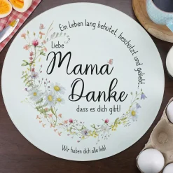 Personalisierbares Glasbrettchen „Mama, Danke!“ mit Wiesenblumen & Spruchkreis