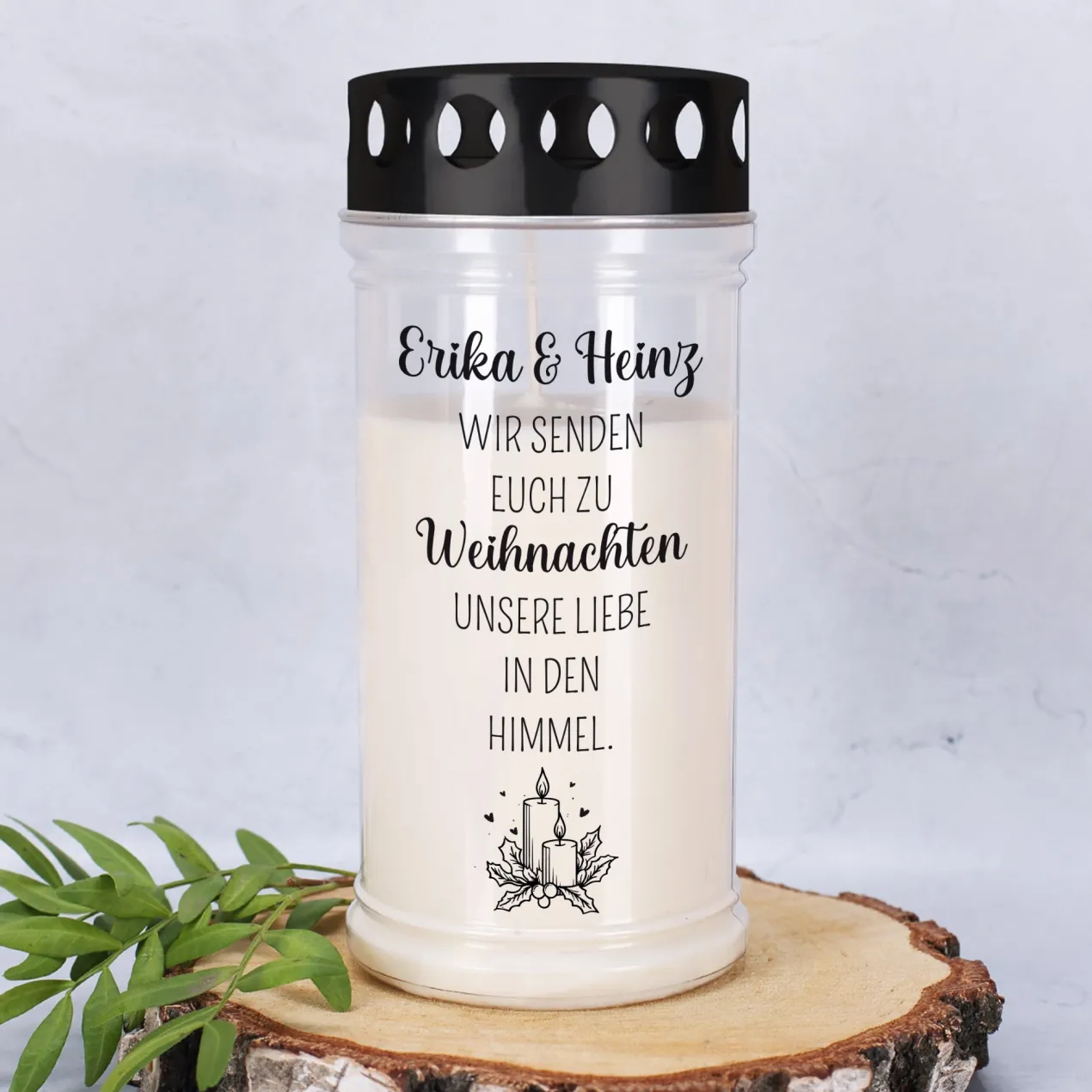 Personalisierbares Grablicht zu Weihnachten | Liebe in den Himmel | 2 Größen