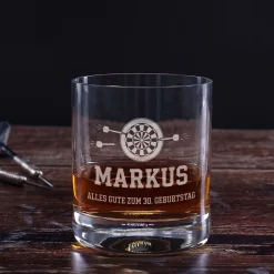 Personalisierbares Whisky Glas mit Dart Gravur | Whiskeyglas mit Name für Dartspieler
