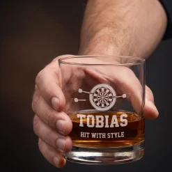 Personalisierbares Whisky Glas mit Dart Gravur | Whiskeyglas mit Name für Dartspieler