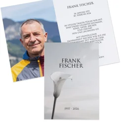 Personalisierbare Trauerkarte mit Foto | Klappkarte in Grautönen mit Calla-Motiv