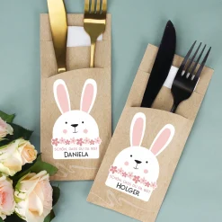 Personalisierte Bestecktasche zu Ostern mit Hasen-Motiv und Wunschtext inkl. Serviette | Tischdeko