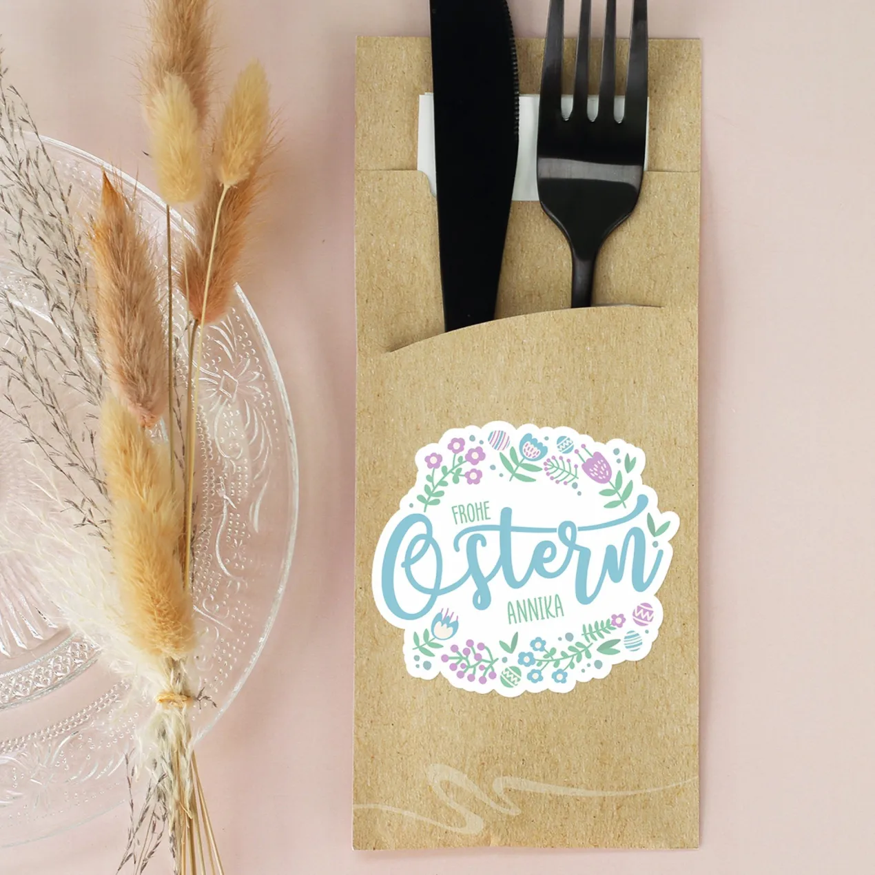 Personalisierte Bestecktasche mit 'Frohe Ostern' Motiv und Name | Tischdeko inkl. Serviette