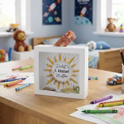 Personalisierte Bilderrahmen Spardose mit Name als Geschenk zur Einschulung | Bleistifte
