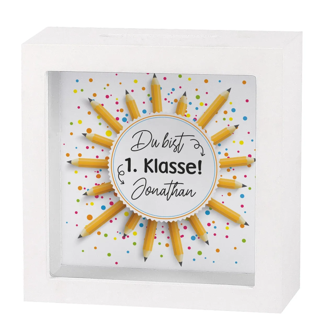 Personalisierte Bilderrahmen Spardose mit Name als Geschenk zur Einschulung | Bleistifte