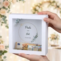 Personalisierte Bilderrahmen Spardose als Geldgeschenk zur Hochzeit | Eukalyptus