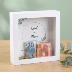 Personalisierte Bilderrahmen Spardose als Geldgeschenk zur Hochzeit | Eukalyptus