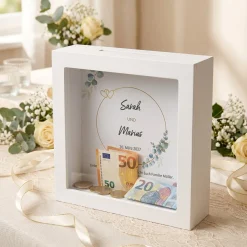 Personalisierte Bilderrahmen Spardose als Geldgeschenk zur Hochzeit | Eukalyptus