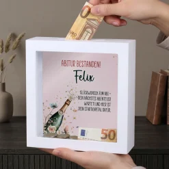 Personalisierte Bilderrahmen Spardose als Geschenk zu Abschluss, Abitur & Studium