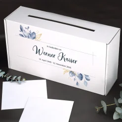 Personalisierte Briefbox für Trauerfeiern | Kondolenzbox mit Blattmotiv