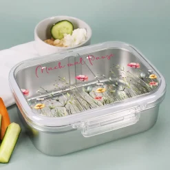 Personalisierte Brotdose mit sommerlichen Wildblumen-Motiv und Wunschtext