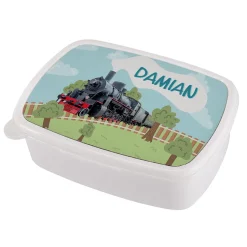 Personalisierte Brotdose mit Retro-Dampflok für kleine Eisenbahn-Fans | weiß