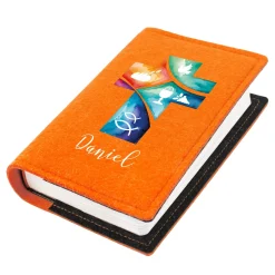 Personalisierte Buchhülle für Gotteslob & Gesangbuch mit Watercolor Kreuz | Anthrazit oder Orange