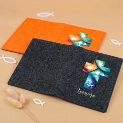 Personalisierte Buchhülle für Gotteslob & Gesangbuch mit Watercolor Kreuz | Anthrazit oder Orange