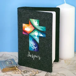 Personalisierte Buchhülle für Gotteslob & Gesangbuch mit Watercolor Kreuz | Anthrazit oder Orange
