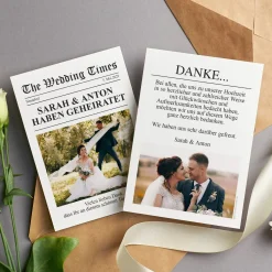 Personalisierte Danksagung zur Hochzeit im Zeitungsstil mit Foto & Wunschtext | Wedding Times Karte