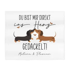 Personalisierte Decke mit Dackeln & Wunschtext 120 x 100 cm | Romantisches Geschenk zum Valentinstag