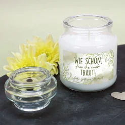 Personalisierte Duftkerze zur Hochzeit mit Wunschtext - Wie schön, dass ihr euch traut!
