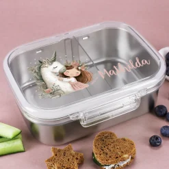 Personalisierte Edelstahl Brotdose mit niedlichem Einhorn & Name