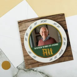 Personalisierte Einladungskarte zum Geburtstag als Bierdeckel mit Wunschtext, Foto & Strichliste