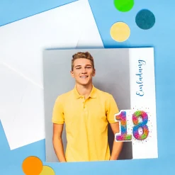Personalisierte Einladungskarte zum 18. Geburtstag mit Foto & Konfetti-Zahl | Klappkarte mit Umschlag