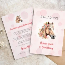 Personalisierte Einladungskarte zum Kindergeburtstag | Pferdemotiv mit Blumen