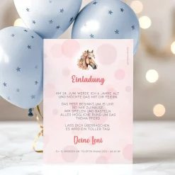 Personalisierte Einladungskarte zum Kindergeburtstag | Pferdemotiv mit Blumen