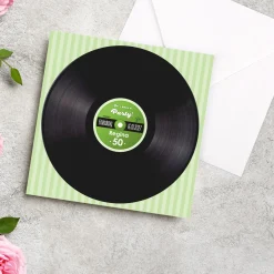 Personalisierte Einladungskarte zum Geburtstag mit Schallplatten-Motiv, Wunschtext, Foto & Farbauswahl