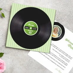 Personalisierte Einladungskarte zum Geburtstag mit Schallplatten-Motiv, Wunschtext, Foto & Farbauswahl