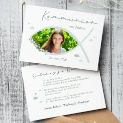 Personalisierte Einladungskarte zur Konfirmation, Kommunion, Taufe mit Foto | Ichthys & Zweig