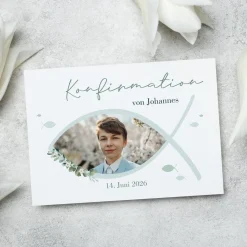 Personalisierte Einladungskarte zur Konfirmation, Kommunion, Taufe mit Foto | Ichthys & Zweig
