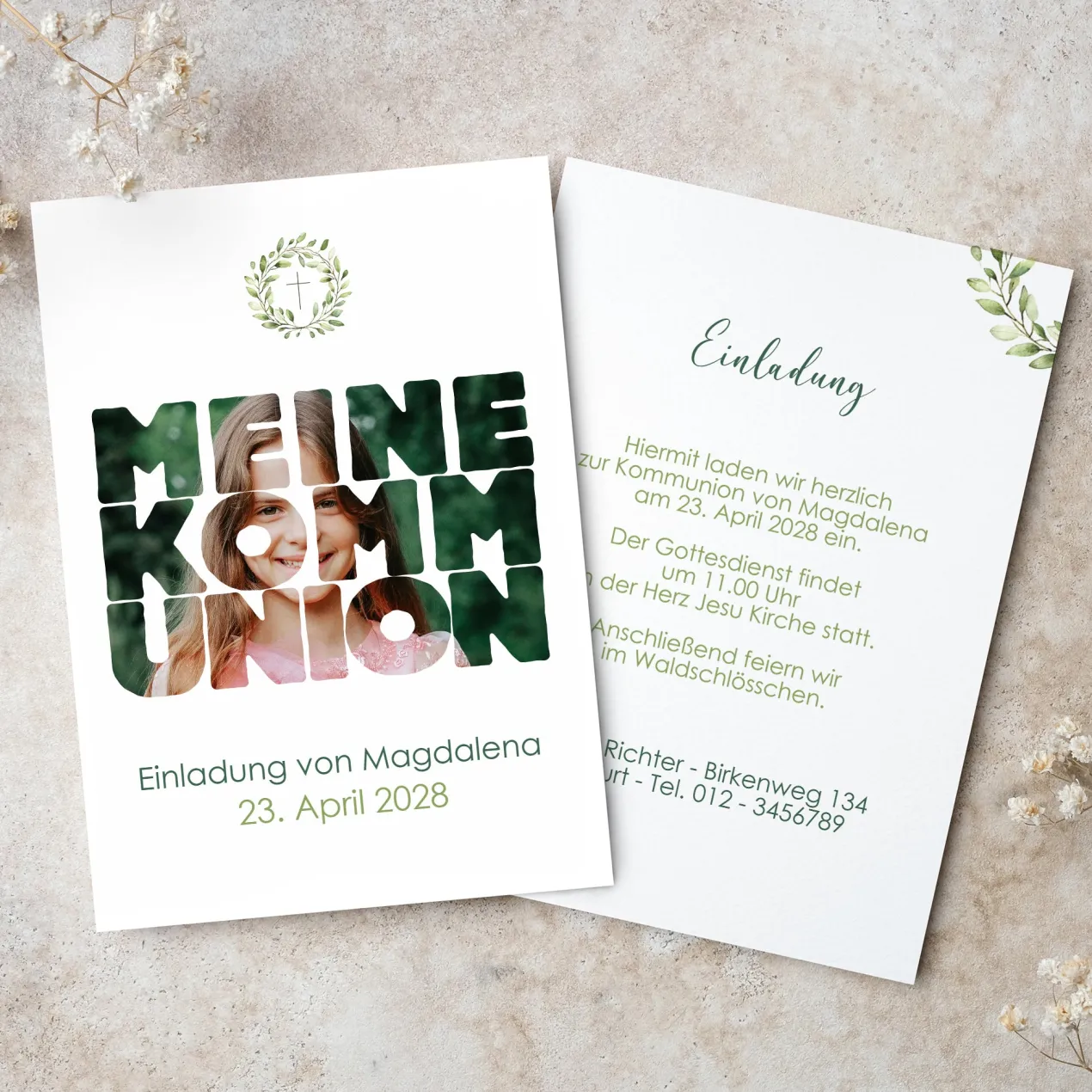Personalisierte Einladungskarte zur Kommunion mit Foto & Wunschdaten | Eukalyptus