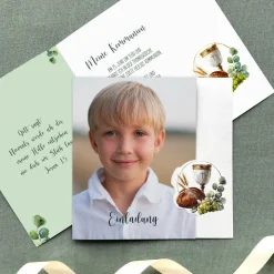 Personalisierte Einladungskarte mit Foto zur Taufe, Kommunion & Konfirmation | Kelch & Brot Motiv