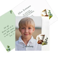 Personalisierte Einladungskarte mit Foto zur Taufe, Kommunion & Konfirmation | Kelch & Brot Motiv
