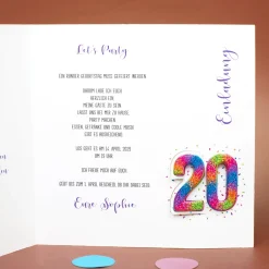 Personalisierte Einladungskarte zum 20. Geburtstag mit Foto & Konfetti-Zahl | Klappkarte mit Umschlag
