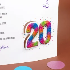 Personalisierte Einladungskarte zum 20. Geburtstag mit Foto & Konfetti-Zahl | Klappkarte mit Umschlag