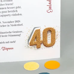 Personalisierte Einladungskarte zum 40. Geburtstag mit Foto & goldener Zahl | Klappkarte mit Umschlag