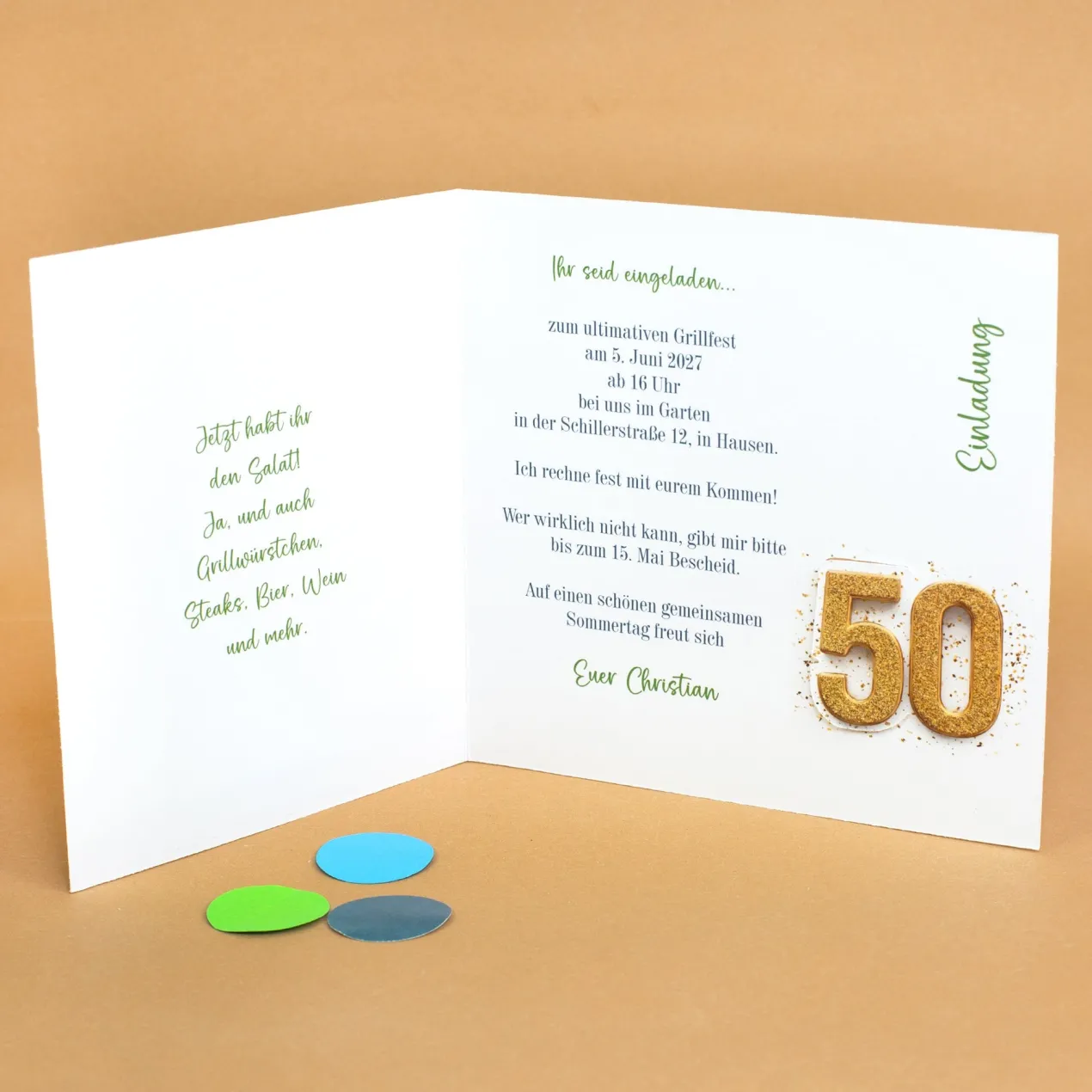Personalisierte Einladungskarte zum 50. Geburtstag mit Foto & goldener Zahl | Klappkarte mit Umschlag