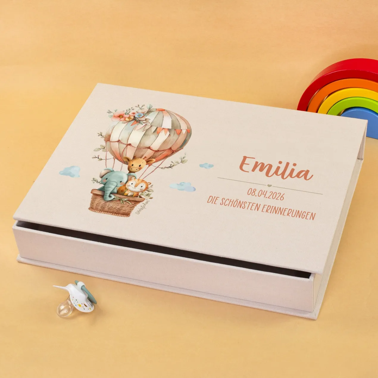 Personalisierte Erinnerungsbox als Geschenk zur Geburt mit Heißluftballon & Tier Motiv | Fotobox